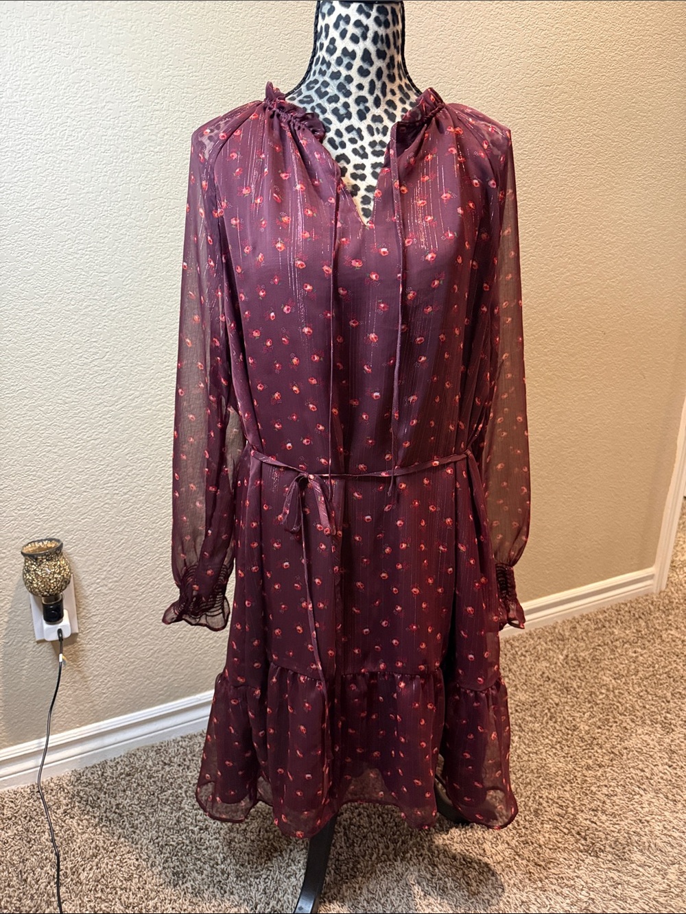 LOFT Burgundy Long-Sleeve Floral Tie-Waist Dress